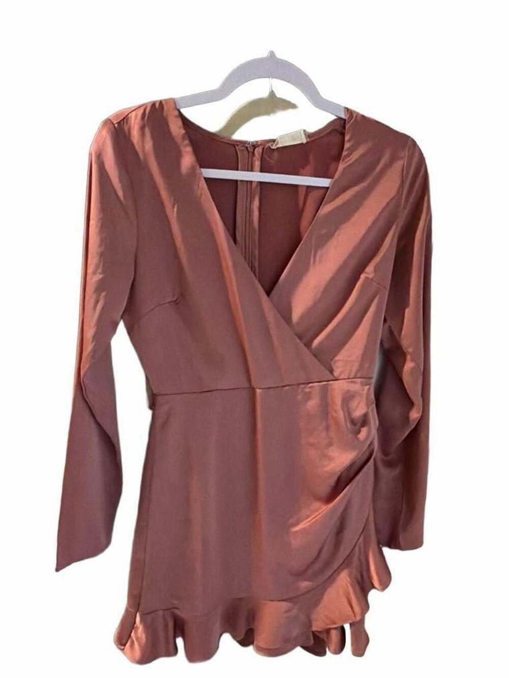 Altar'd State Dusty Rose Satin Wrap Mini Dress with Long Sleeves and Ruffle Hem